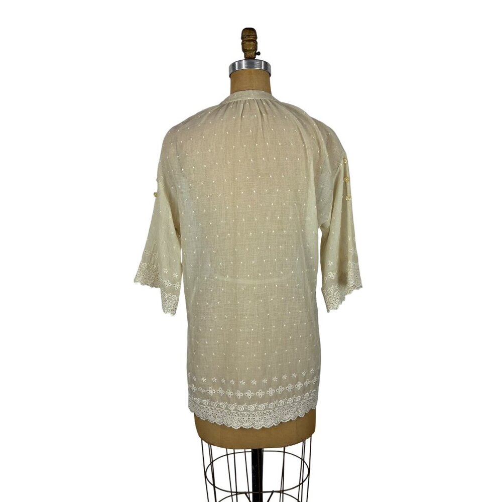 Vintage 70s Sheer Shirt Womens Large Beige Dotted Embroidered Mandarin Tunic - Picture 8 of 11